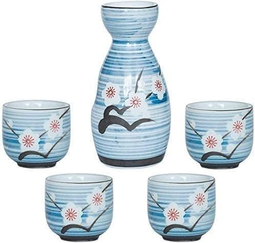 5 Peças Conjunto de vidros de vinhos de cerâmica em estilo japonês, Ponto de saquê de flores pintadas à mão, uma panela de quatro xícaras, o melhor presente para a família e os amigos 1204