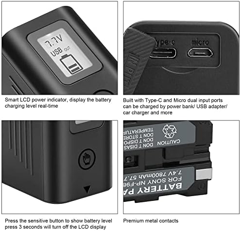 Jyjzpb 4 pacote np-f970 e bateria de bateria F970 dual para a bateria Sony NP-F970 NP-F930 NP-F950 NP-F960 NP-F550 NP-F530 NP-F330 NP-F570 Bateria e manutenção da sony