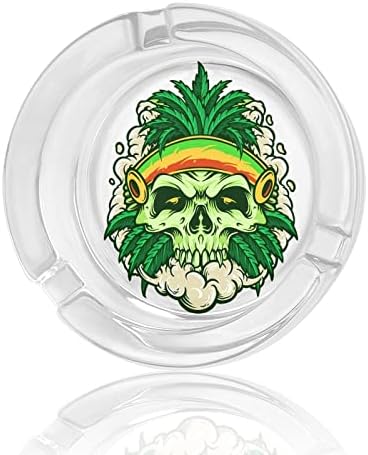 Reggae Weed Skull Glass Ashtray para cigarros redondo bandejas de cinzas para escritório em casa e restaurantes