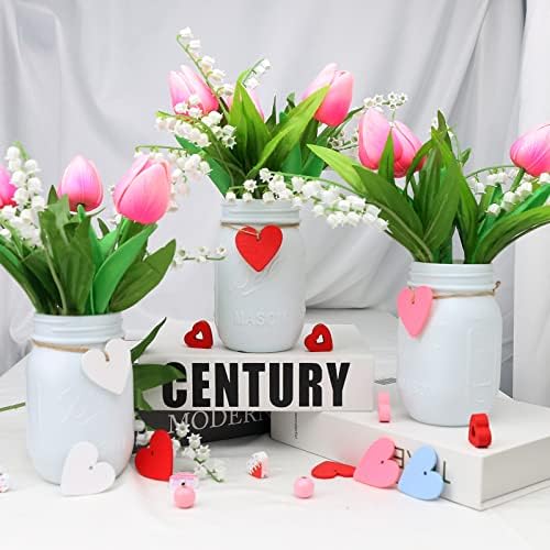Semononia 3pcs Decorações de verão para casa - pedras centrais de pedreiro com tulipas rosa Flores artificiais para a fazenda Bandeja de banheira de banheiro e jantar Rustic Mesa Rustic Centerpices