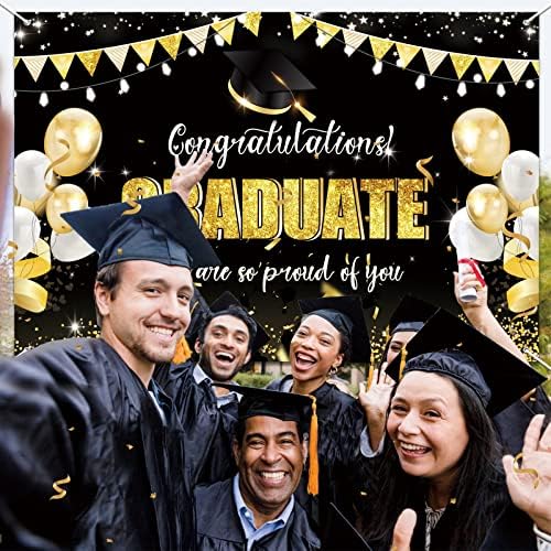 Banner de pano de fundo de pós -graduação em ouro preto, parabéns pós -graduação em fundo de pano de fundo para suprimentos de decoração de festa de formatura, banner de formatura parabéns