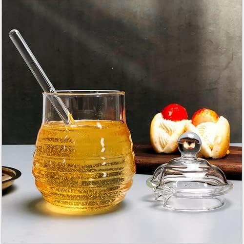 Honeycomb Honey Jar Glass Honey Jar, dispensador de mel, dispensador de xarope de mel com colher e tampa para cozinha em casa, 9 onças