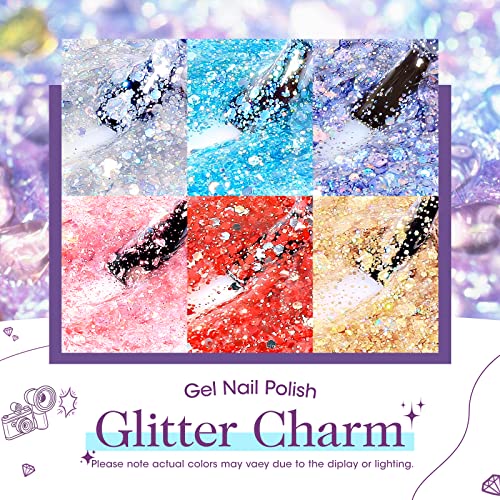 Gellen Glitter Gel Achaness, 6 cores Kit de polimento de gel brilha coloras vermelhas rosa rosa de ouro, kit de manicure