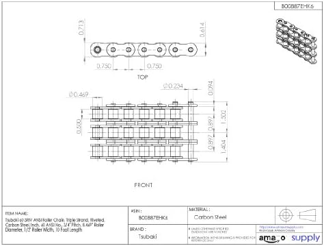 Tsubaki 60-3RB ANSI Chain Roller, fita tripla, rebitada, aço carbono, polegada, #60 ANSI No., 3/4 Pitch, 0,469 Diâmetro do rolo, largura do rolo de 1/2 , 10 pés de comprimento de 10 pés