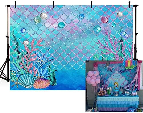 Mehofond 7x5ft sob o mar de fotografia azul -marinho adereços de sereia oceânica tema menina de aniversário decoração de pérolas pérolas