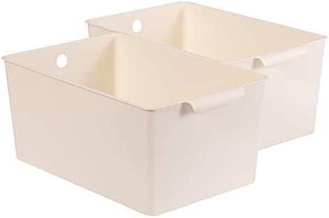 Conjunto Lufofox de 2 cestas de armazenamento de plástico para prateleiras com rótulos, organizador de despensa pequena, cestas de bandeja de armazenamento branco para cozinha, bancada, armário, quarto, escritório e banheiro