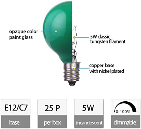 NIOSTA 25PACK OPAQUE GREEN G40 SUBSTITUIÇÃO BULBA DE SUBSTITUIÇÃO, FILamento incandescente de 5W e base E12 Candelabra, lâmpada de