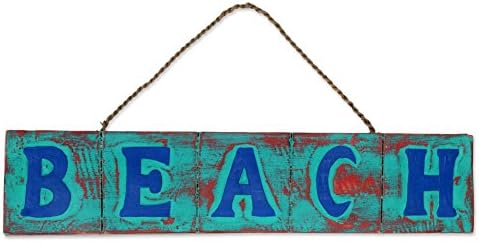 Novica Blue e Red Wood Beach Cottage Decorative Sign 'Praia em Turquesa e Vermelho'