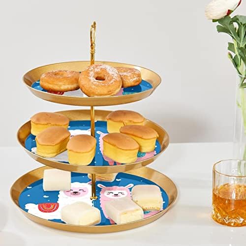 Suporte de cupcakes de desenho animado de alpacas fofo para pastelaria, 3 bolo de ouro de 3 camadas para mesa de sobremesa, cupcake Tower Stand Stand Pastry Rack