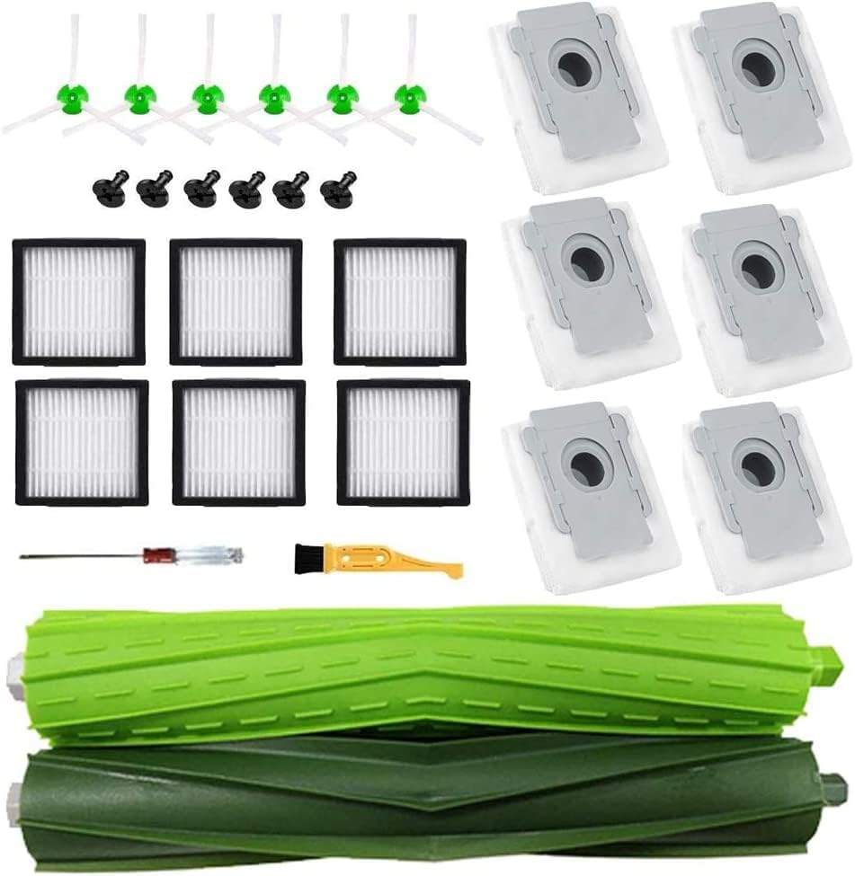 Kit de peças de substituição de cosin para RoomBA i7 i7+ i6+ i3+ plus a vácuo, 1 definir pincéis de borracha de superfície múltipla e 6 filtros HEPA de alta eficiência e 6 pincéis laterais de varredura de borda e 6 sacos de descarte de sujeira ……