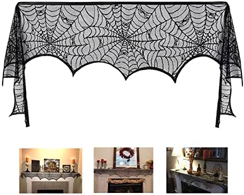 Decorações do manto da lareira de Halloween Comtraker, lareira de lenço de lareira de aranha de renda preta Garland para