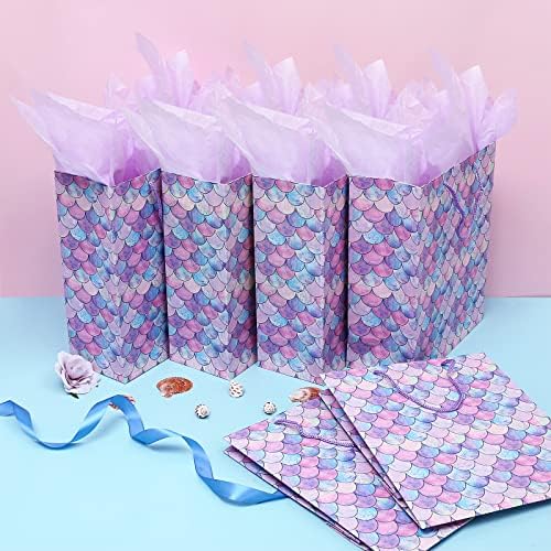Sacos de presente de escala de sereia de 12 de 12 tamanho médio com papel de brinde para garotas para garotas chá de bebê festas de