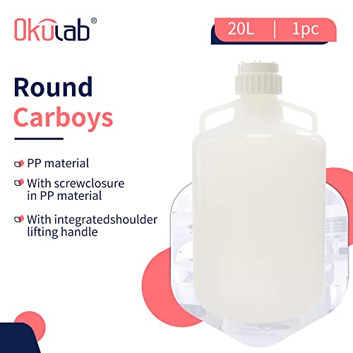 Okulab Round Plastic Carboys. Vol.20l, material pp, com fechamento de parafuso e alça de elevação integrada do ombro, carb20a1