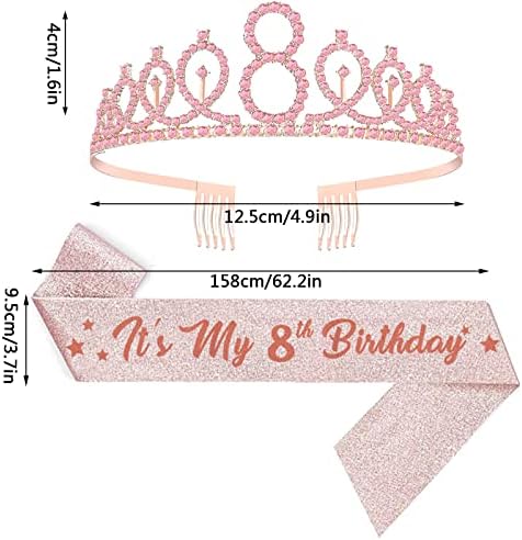 SASH de 8º aniversário e tiara para meninas, 8 e fabulosa faixa de glitter e coroa de aniversário rosa, feliz 8º aniversário presentes para suprimentos e decorações para festas femininas