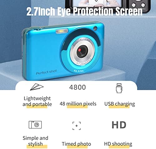 Câmera digital, 2,7in 48MP HD Kids Camera 8x Câmeras portáteis de mini portátil Zoom Optical, câmera de vídeo recarregável USB suporta cartão de 32 GB para estudantes, adolescentes, crianças azuis azuis