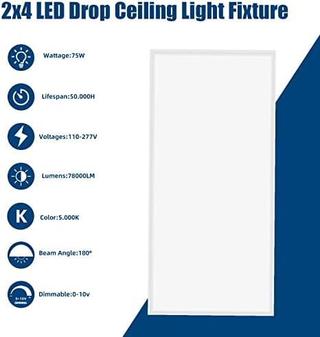 Koaoeirs 2 pcs 2x4 luminária de teto led de led, 0-10V Dimmable, 75W 7800lm 5000k, acessório de troffero de borda