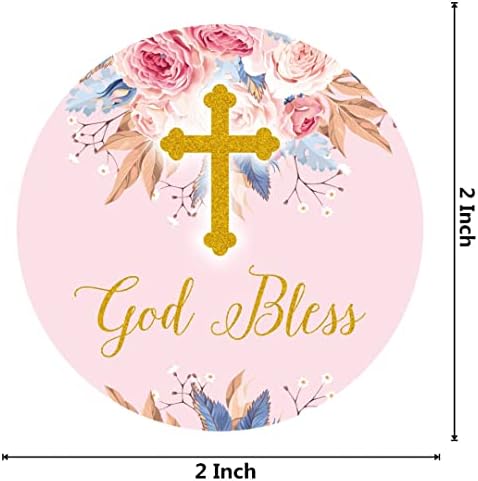 Fedyufook rosa e dourado elegante e elegante adesivos transversais de Deus abençoe rótulos de adesivos para o batismo religioso, confirmação, batismo, primeira comunhão - 2 polegadas - 50 contagem