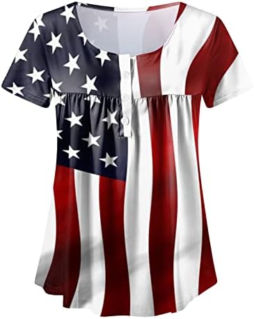 4 de julho Tunic Tops for Women American Flag Hide Tomme Tummy Summer Summer Casual Sleeve Button Up Blushs de decote em V