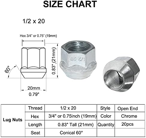 Muhize 20pcs 1/2 x 20 porcas de encerramento da roda preta e muhize 20pcs 1/2 x 20 porcas de traje de roda cromada, extremidade