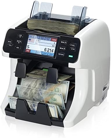 Munbyn 2-Pocket Dinheiro Máquina Máquina de denominação e classificador, impressora embutida, classificar em denom/face/ori, contagem de valor, detecção de falsificação 2 cis/uv/mg/ir, tela de toque, proteção de 2 anos