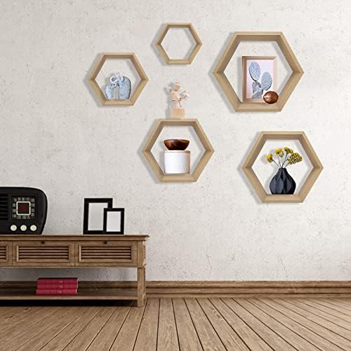 Prateleiras flutuantes de hexagon góiaxol Montagem de parede de madeira montada em madeira de armazenamento de favo de mel prateleira