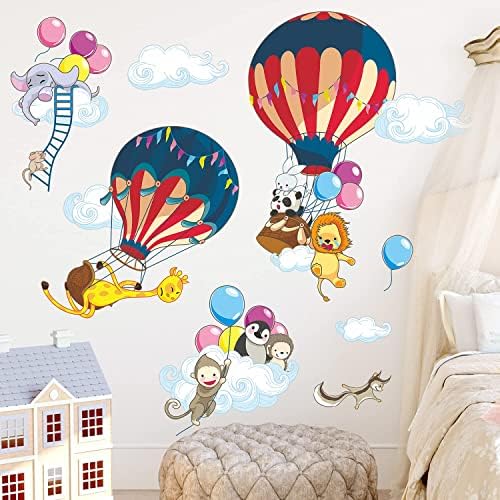 RW-9152 Decalques de parede de balão de ar quente colorido adorável girafa macaco dos animais voadores de parede adesivos de