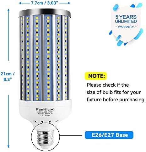 Lâmpada de lâmpada LED de 60w 500W LUZ LED LUZ LUZ 5500 Lumen 6500K E26/E27 Lâmpada de milho grande área Luz do dia