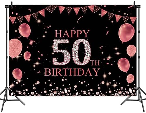 Rose Gold 50th Birthday Photography Balloon Diamond Black Photo Background 7x5ft para Festa de Aniversário Fabulosa de Cinquenta anos