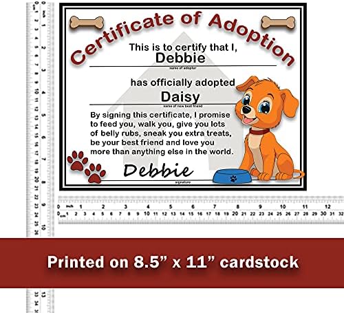 Certificado de adoção de cães da Allynn - Certificado de Adoção de Poundos de Poupas ou Puppos de resgate, 8,5 x 11 polegadas na cartolina, inclui declaração de cuidados com animais de estimação