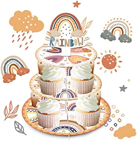 BOHO Rainbow Cake Stand 3 Tier Boho Cupcake Stand Retro Rainbow Theme Birthday Party Supplies for Baby Shower Birthday Boho