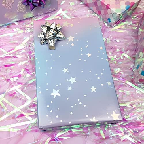 Ldgooael mini curto pequeno papel de embrulho de papel - galáxia roxa com papel alumínio para férias, dia das mães, aniversário, casamento, chá de bebê