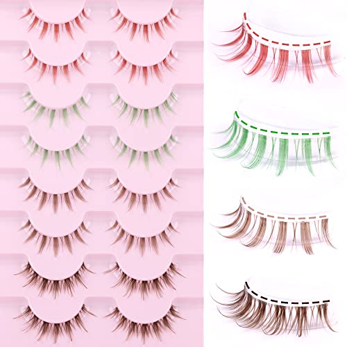 Fanxiton Manga Lashes 12mm cílios coloridos naturais com banda clara 8 pares Anime Lashes maquiagem curta 4 estilos 3d cílios falsos