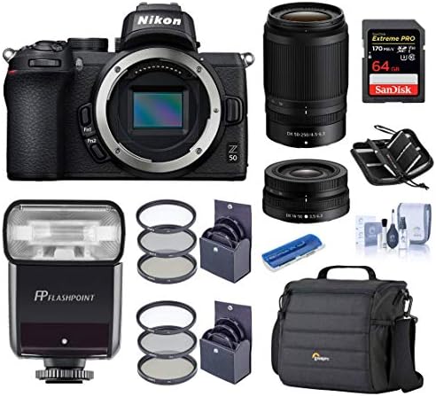 Nikon Z 50 DX Formato Mirrorless Camera Body com Nikkor 16-50mm f/3,5-6,3 e 50-250mm f/4,5-6,3 lente VR, pacote de flash com flashpoint ttl flash, caixa, cartão SD de 64 GB, kits de filtro e acessórios