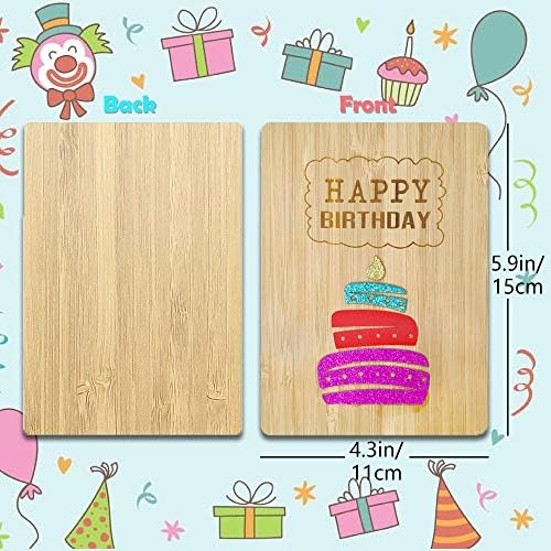 Cartão de feliz aniversário, cartão de felicitações de madeira de bambu real, design de bolo de aniversário, presente de cartão de
