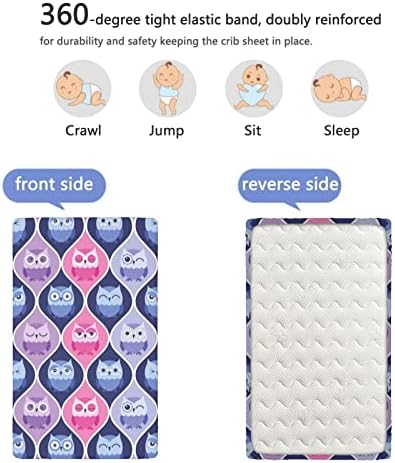 Mini-berço com tema de coruja lençóis de berço, lençóis mini berços portáteis Ultra Soft Material Baby para meninos meninas, 24 “x38“, azul rosa roxo