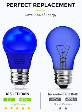 Lâmpada LED azul Lohas A15, lâmpada colorida de 5W com base média E26, equivalente a 40 watts, luz azul para decoração