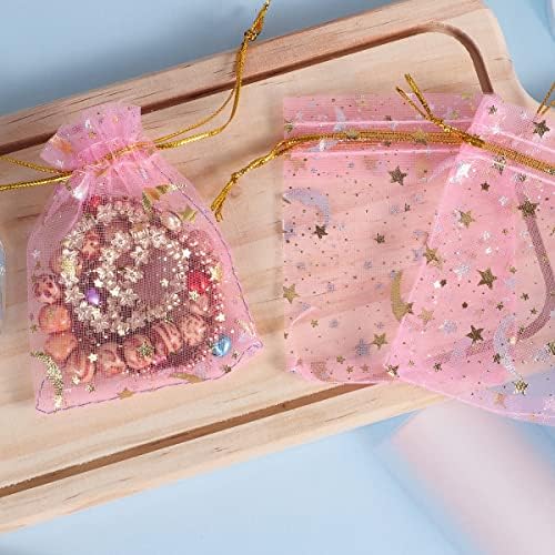 SUMAJU 100 peças Moon Star Organza Jewelry Candy Bags, Bolsa de presente de 2,7x3,5 polegadas de organza rosa com a bolsa de presente com cordão para festas de casamento no Dia dos Namorados