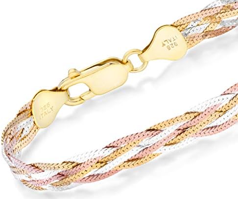 Miabella Tri-Color 18k ouro acima de 925 prata esterlina italiana 6 filtra de 7 mm de bracelete de cadeia de penhor de areia para
