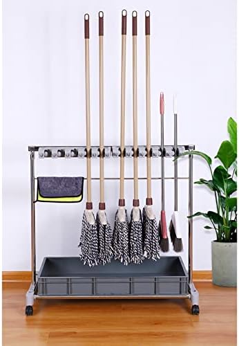 O rack de vassoura e esfregão de piso pode ser movido, carrinho de ferramentas de limpeza, organizador de vassoura