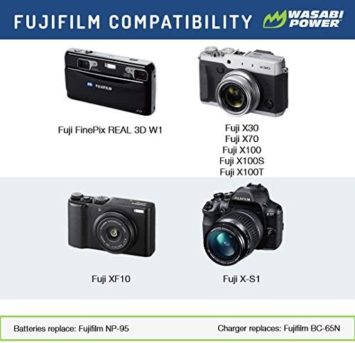 Bateria de energia Wasabi e carregador para Fujifilm NP-95 e Fuji Finepix Real 3D W1, X100, X100S, X-S1