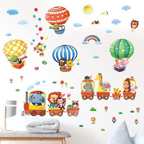 Decowall DS-8006P8024 Trem de animais e balões de ar quente Kids Starters de parede Decalques de parede Destas descascam e cola adesivos de parede removíveis para crianças da sala de estar de berçário