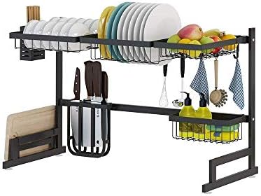 Rack de escorrinto de prato na canela, rack de secagem de pratos de metal, com cesta de frutas e vegetais, gaiola de utensílios,