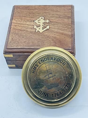Real Handicarft Store Antique Brass Ship Compass hms Endeavor junho de 1764-1778 com caixa de madeira