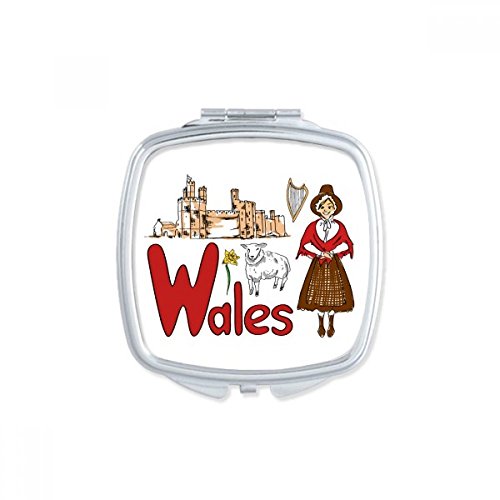 Wales National Symbol Landmark Pattern Square espelho portátil compacto maquiagem de bolso de dupla face de vidro lados