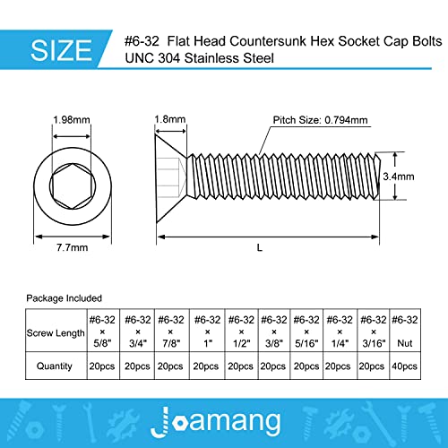 220pcs 6-32 UNC UNC Staneless Button Socket parafusos da tampa da cabeça dos parafusos, porcas Kit de sortimento, inclui