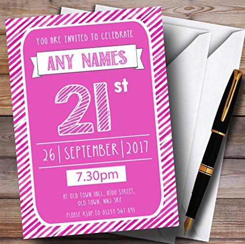 Pink & White listrado deco 21º convites de festa de aniversário personalizados