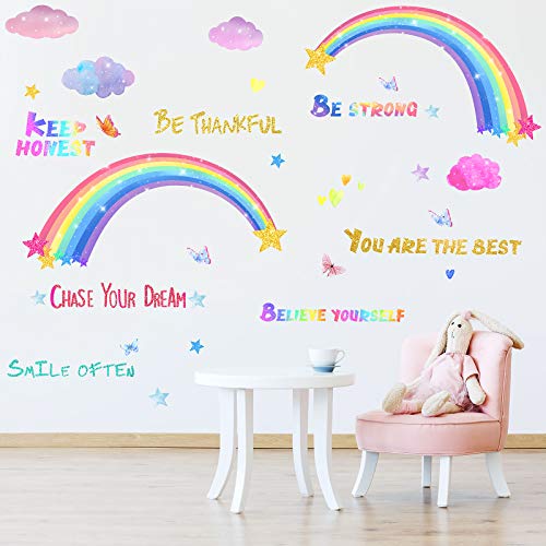 3 lençóis decalques de parede de arco -íris para quarto de meninas, colorido arco -íris borboletas nuvens estrela adesivo de parede inspirador decalque de parede para meninas garotas berçário