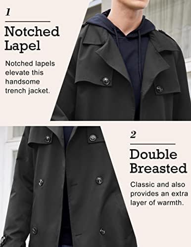 Coofandy Men's Trench Coat Slim Fit Notch Lapela Basa dupla com cinto de vento leve quebra -vento