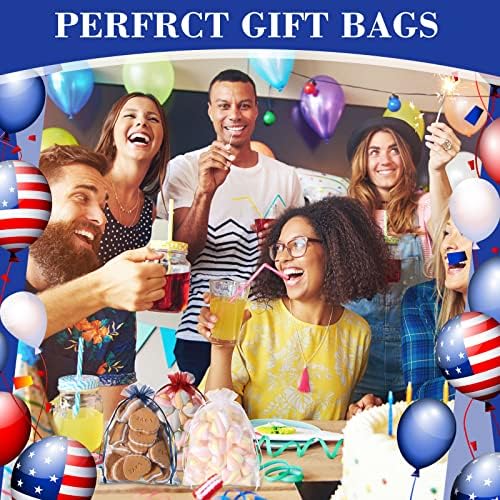 Windyun 150 PCs Bolsas de organza de 5 x 7 polegadas sacos de malha de cordão sacos de traço Brancos de presente vermelho azul branco para patrióticos American Independence Day Sacos de doces Bolsa Goodie Jewelry Birthday Birthday Memorial Day Party Party Party Festa