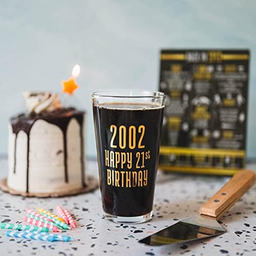 Greenline Goods Feliz Aniversário Beer Pint Glass & 2002 Birthday Year Facts Plact com suporte incluído - 21º aniversário